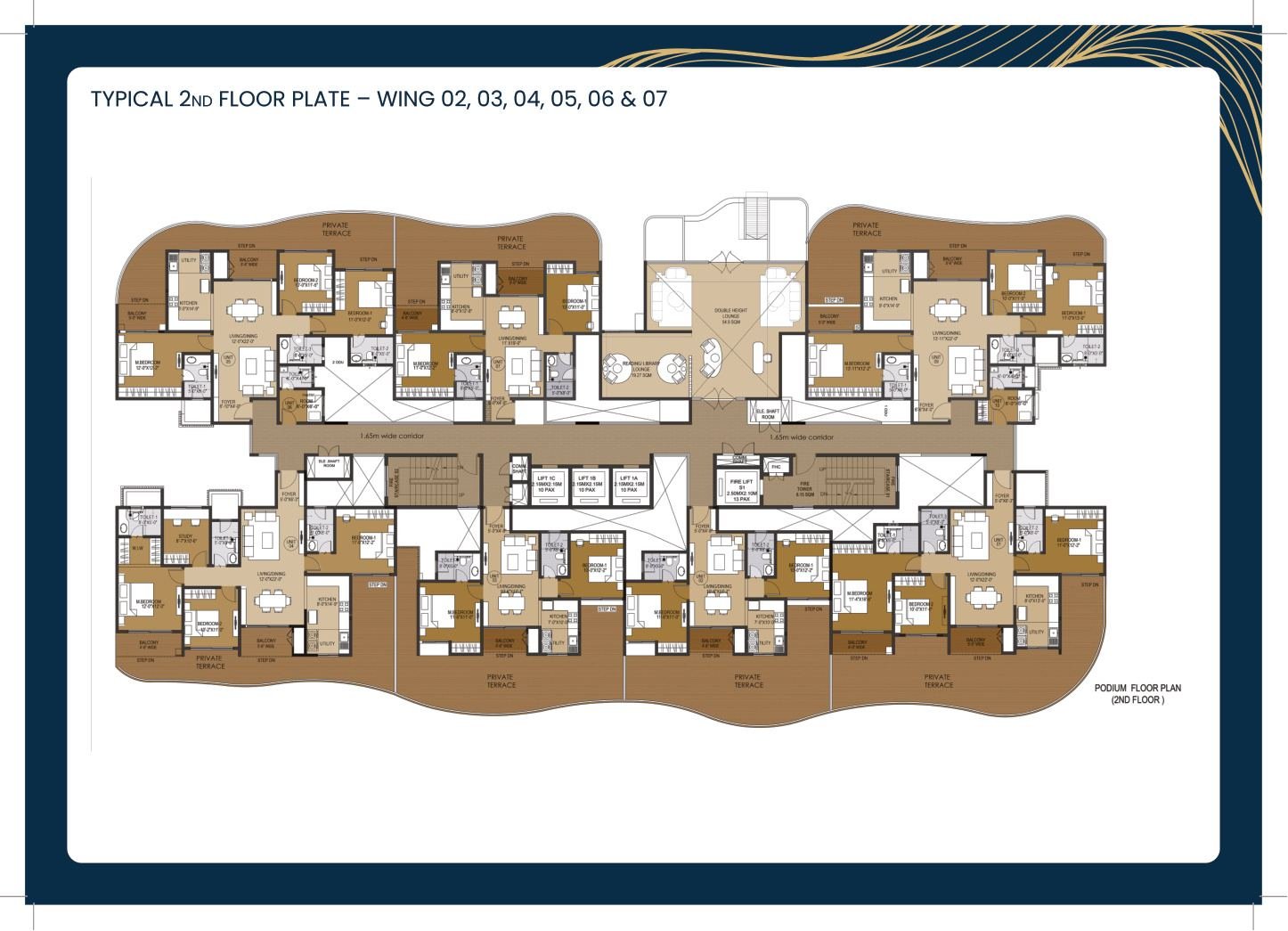 Podium and landscaped amenity building shown in supplied brochure